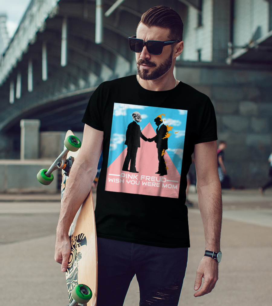 Pink Freud Wish You Were Mom Band Silhouettes On Pink Triangle With Blue Sky Background T-Shirt