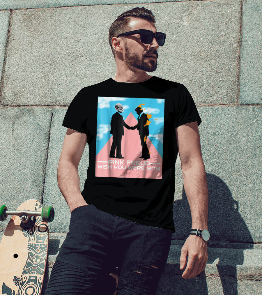 Pink Freud Wish You Were Mom Band Silhouettes On Pink Triangle With Blue Sky Background T-Shirt