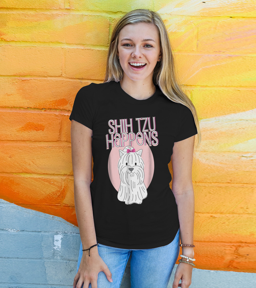 Shih Tzu Happens Dog Pink Bow Oval Background T-Shirt