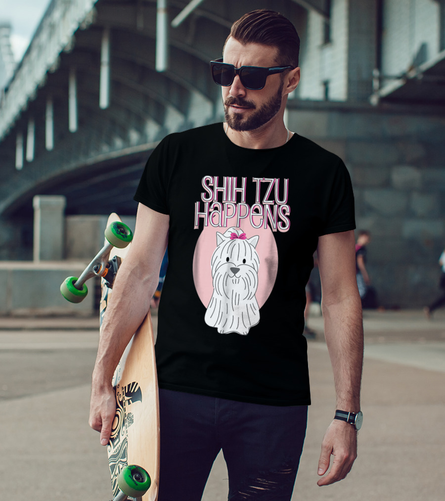 Shih Tzu Happens Dog Pink Bow Oval Background T-Shirt
