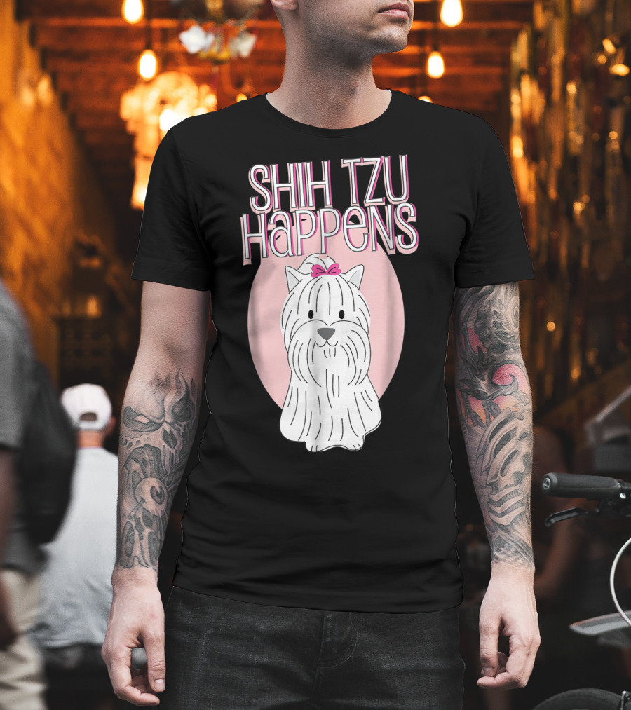 Shih Tzu Happens Dog Pink Bow Oval Background T-Shirt