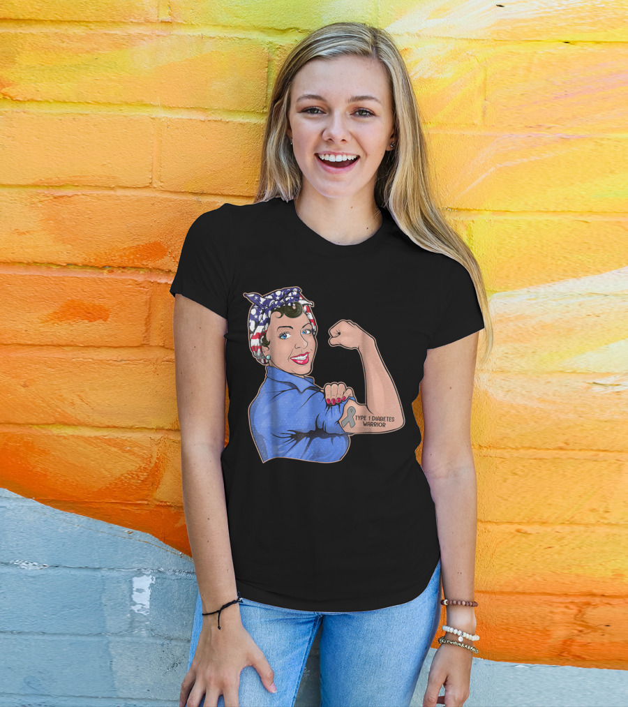 Type 1 Diabetes Warrior American Flag Rosie The Riveter Style Lady Girl35 T-Shirt