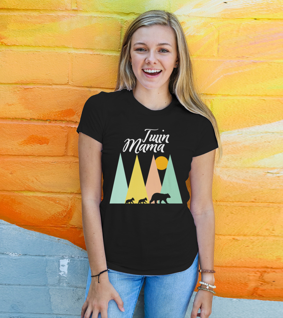 Twin Mama Bear With Cubs In Colorful Forest Scene T-Shirt