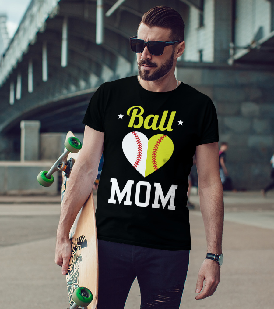 Ball Mom Heart Baseball Softball Dual Sports Mom T-Shirt