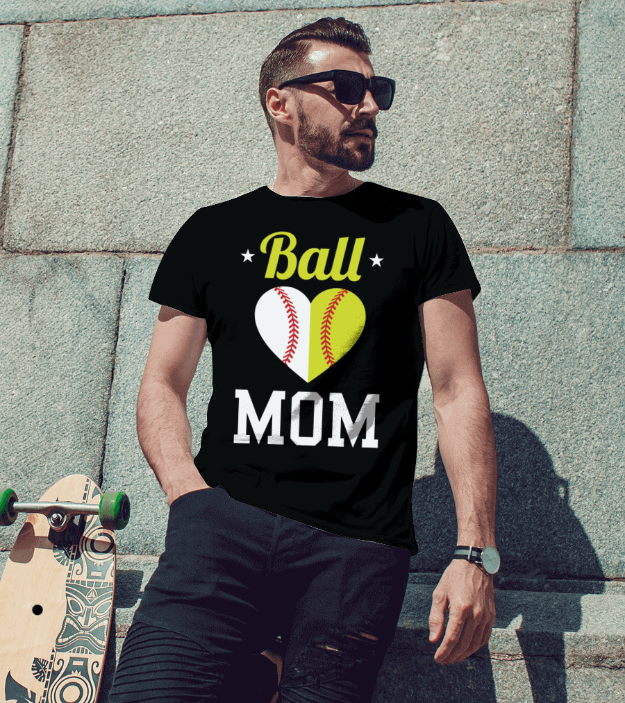 Ball Mom Heart Baseball Softball Dual Sports Mom T-Shirt