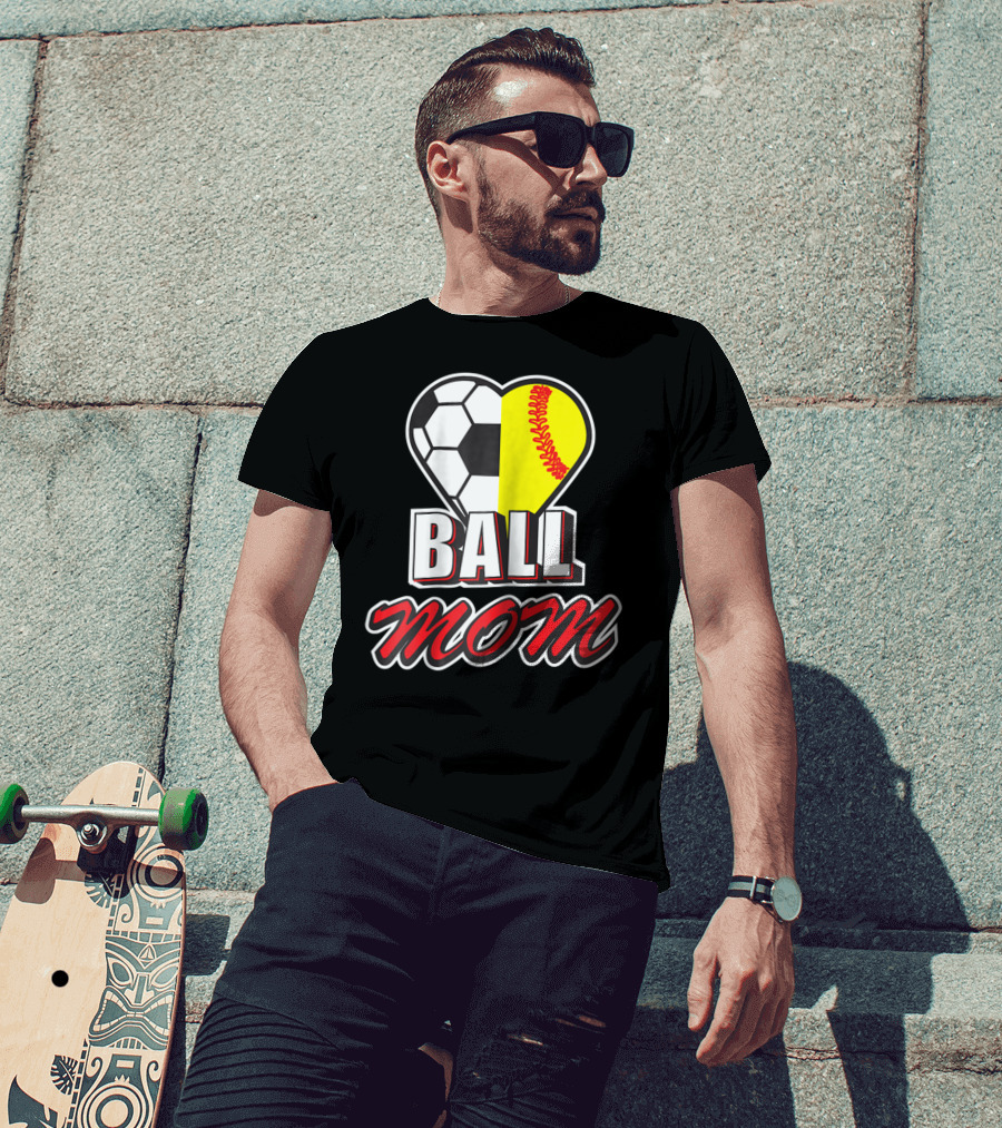 Ball Mom Love Soccer Softball Heart Tops T-Shirt