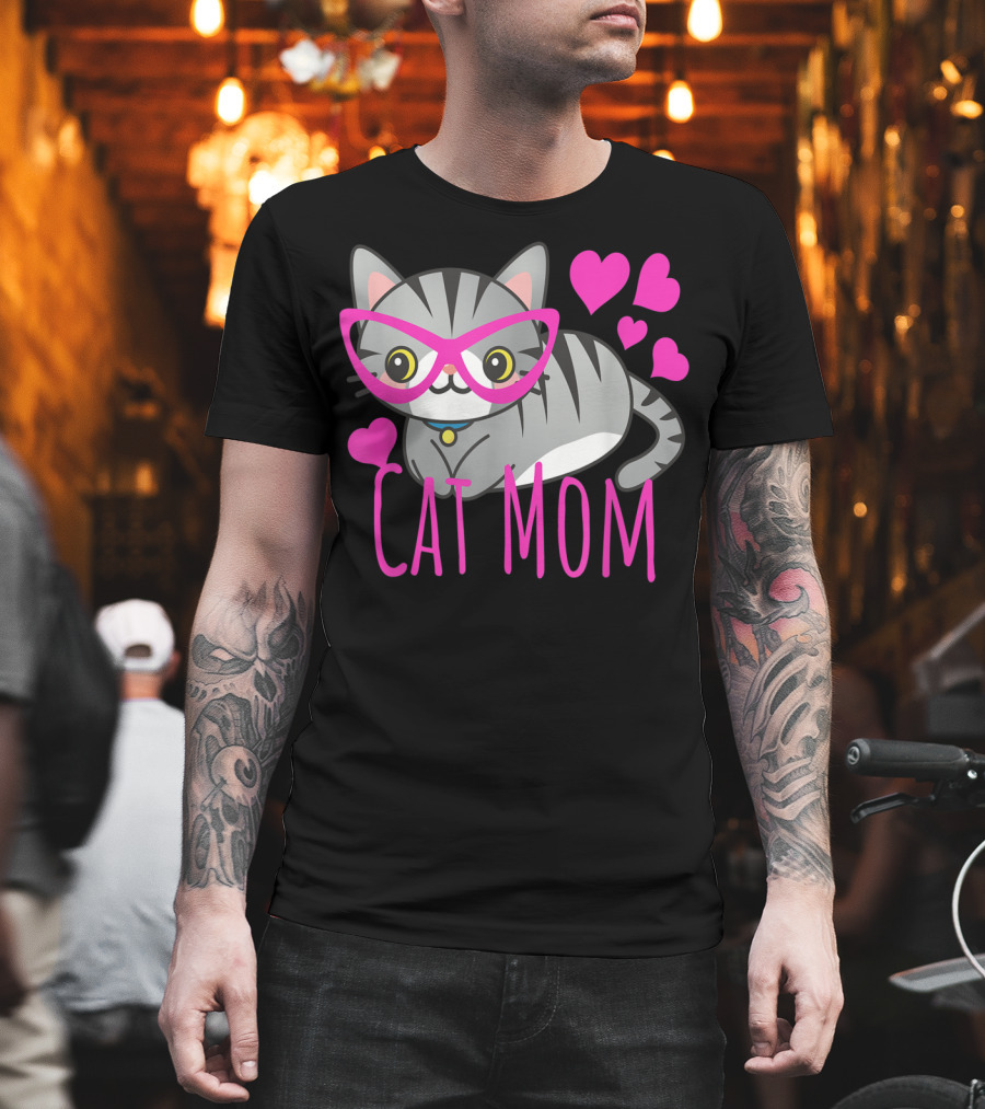 Cute Kawaii Cat Mom with Pink Glasses and Hearts T-Shirt