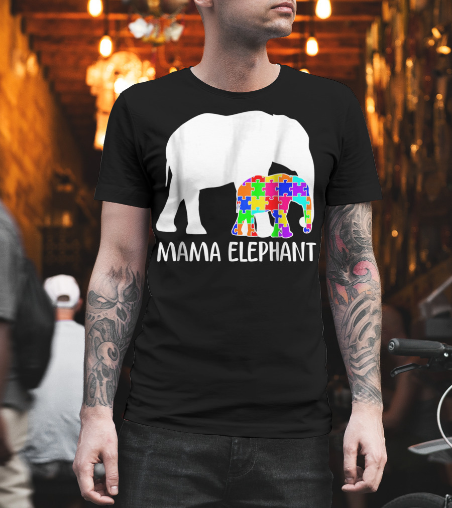 Mama Elephant Autism Awareness Puzzle Elephant Mother T-Shirt