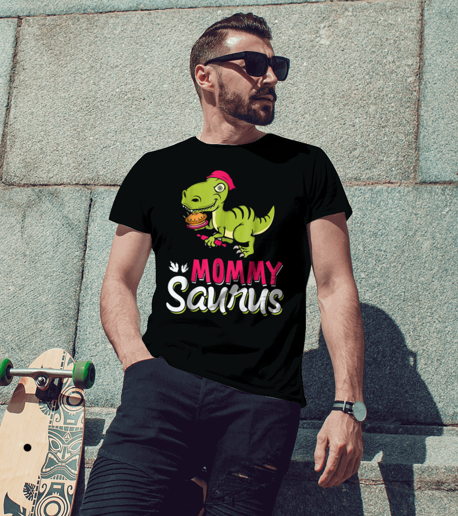 Mommy Saurus T-Rex Dinosaur With Burger And Red Bandana T-Shirt