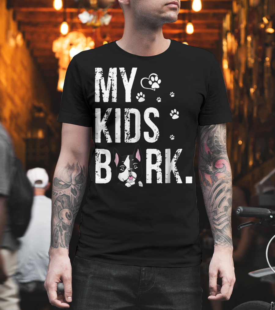 MY KIDS BARK Dog Paws Heart Icon Boston Terrier T-Shirt