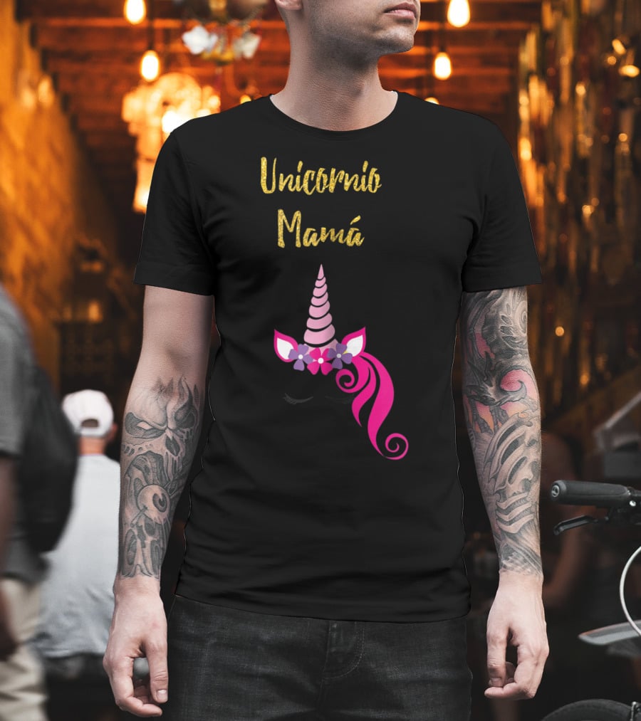 Unicornio Mamá Spanish Unicornio Mom With Pink Horn And Flowers T-Shirt