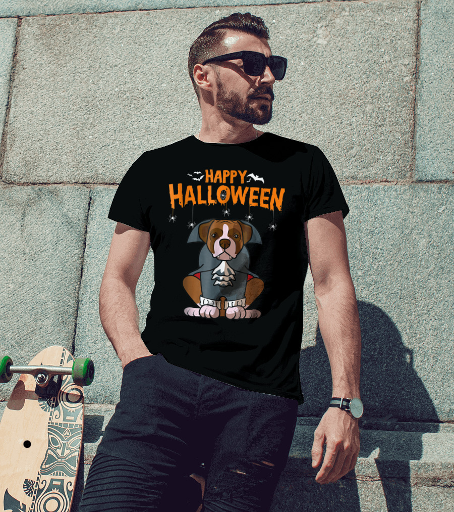 Happy Halloween Funny Boxer Dog Costume With Bats And Spiders T-Shirt