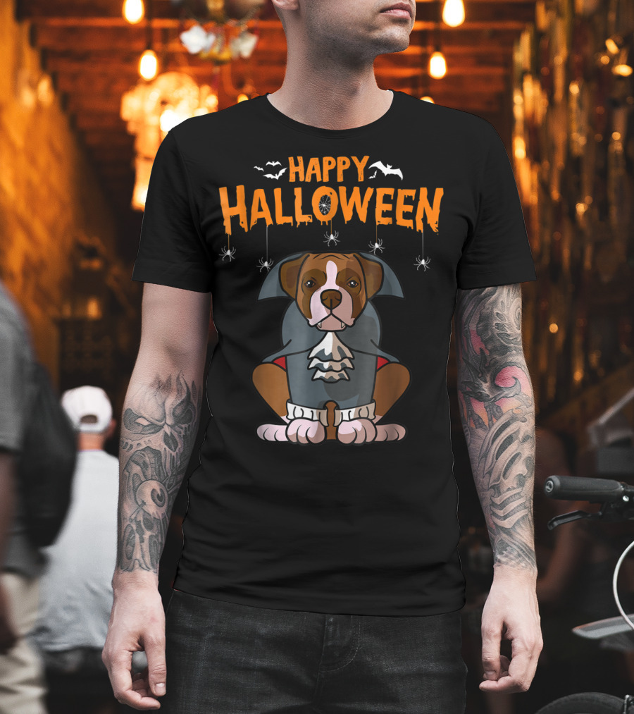 Happy Halloween Funny Boxer Dog Costume With Bats And Spiders T-Shirt