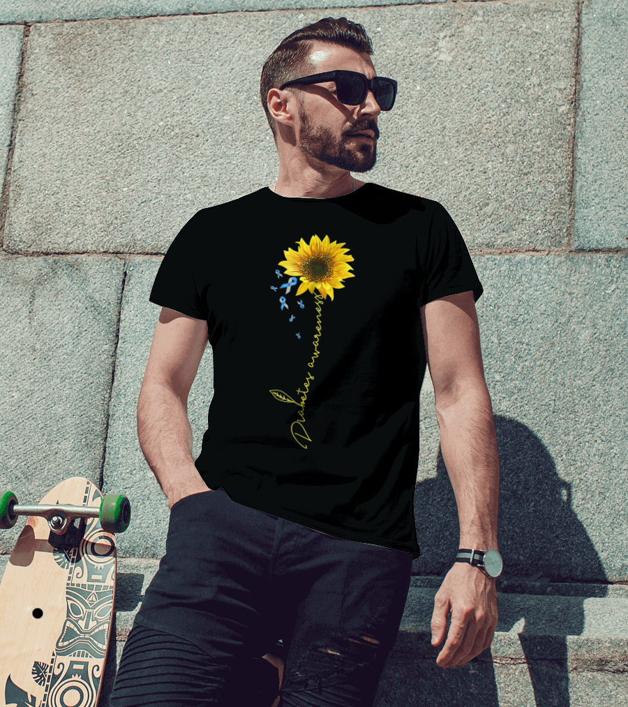 Diabetes Awareness Sunflower With Blue Ribbons T-Shirt