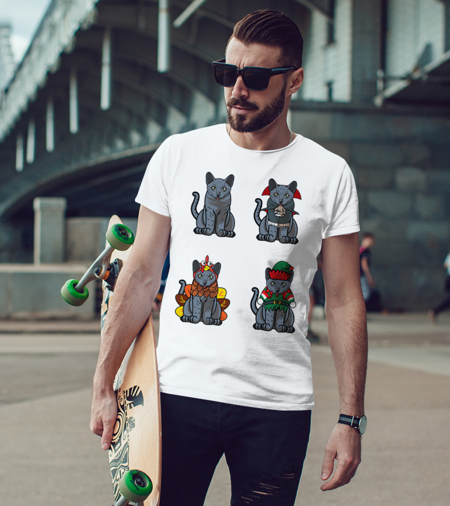 Blue Cat Halloween Thanksgiving Christmas Costumes T-Shirt