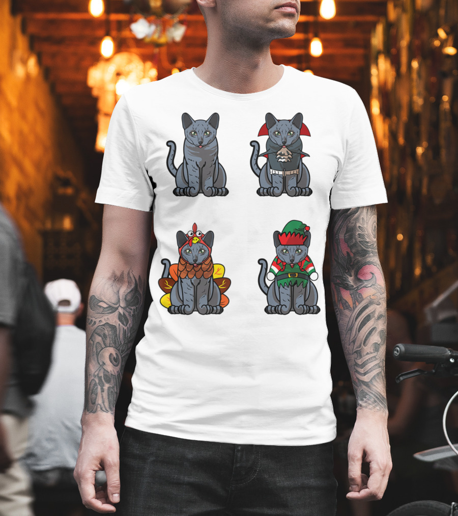 Blue Cat Halloween Thanksgiving Christmas Costumes T-Shirt