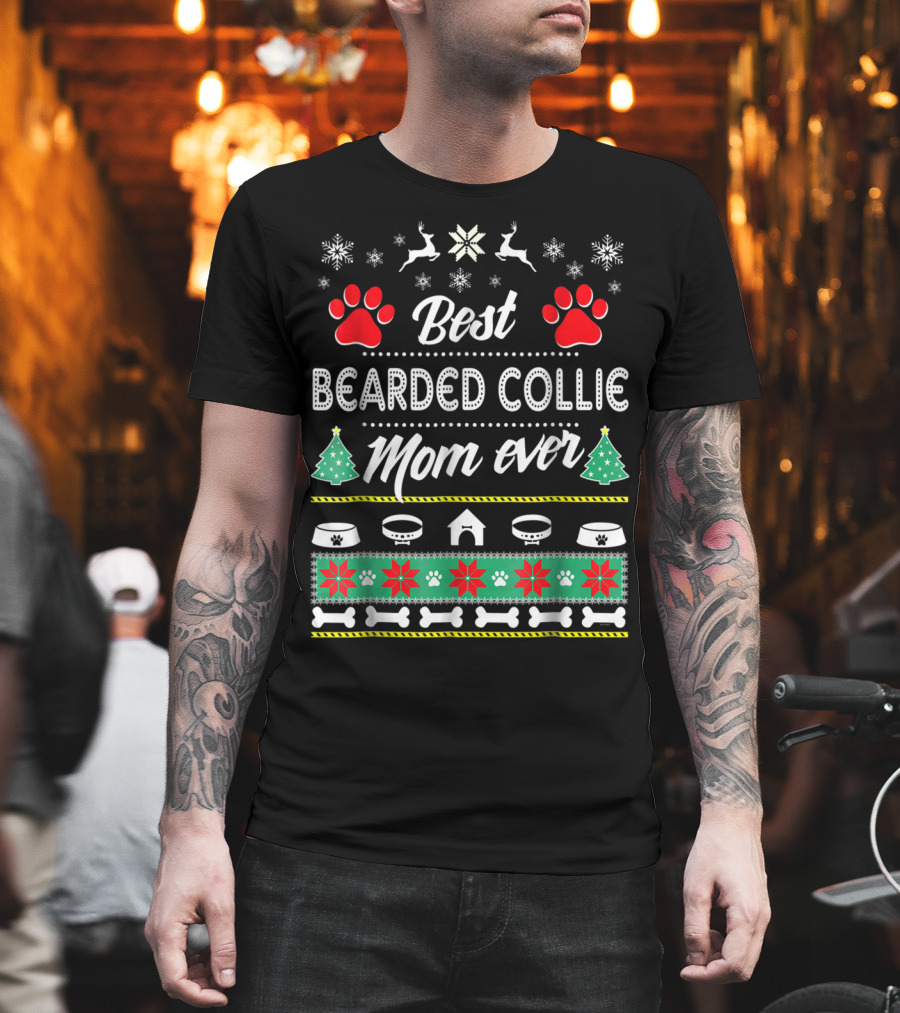 Best Bearded Collie Mom Ever Snowflake Reindeer Paw Print Christmas T-Shirt