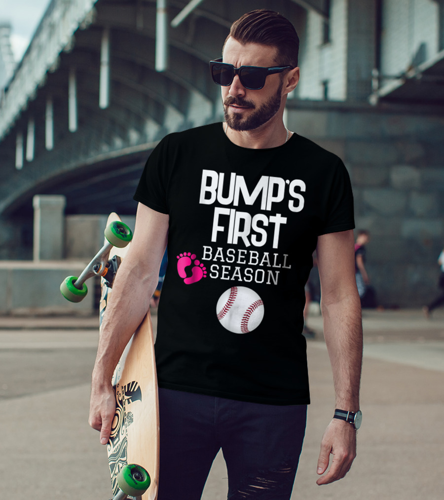 Bump's First Baseball Season New Mom To Be With Baby Footprints And Baseball T-Shirt