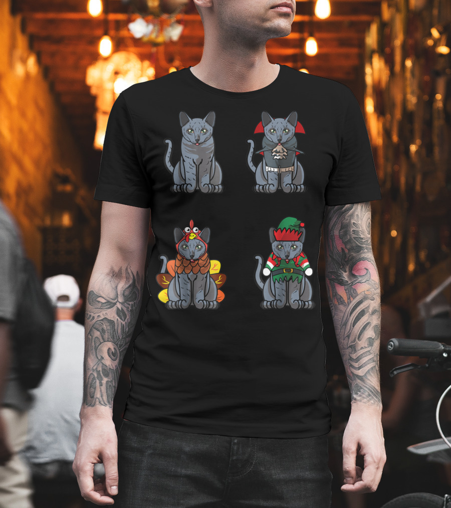 Blue Halloween Thanksgiving Christmas Cat Costume Quartet T-Shirt