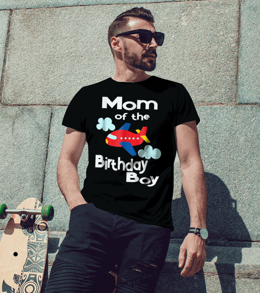 Mom Of The Birthday Boy Airplane Clouds T-Shirt