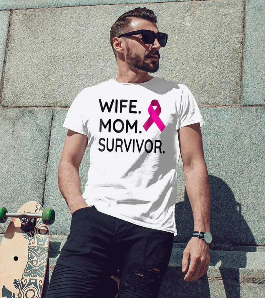 Wife Mom Survivor Pink Ribbon Breast Cancer Awareness T-Shirt