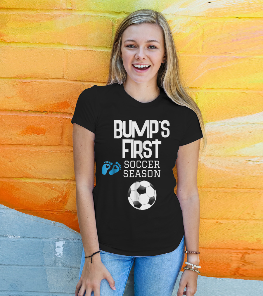 Bump's First Soccer Season New Mom To Be With Baby Footprints And Soccer Ball T-Shirt