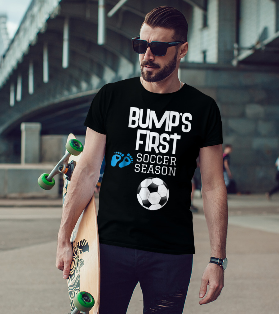 Bump's First Soccer Season New Mom To Be With Baby Footprints And Soccer Ball T-Shirt
