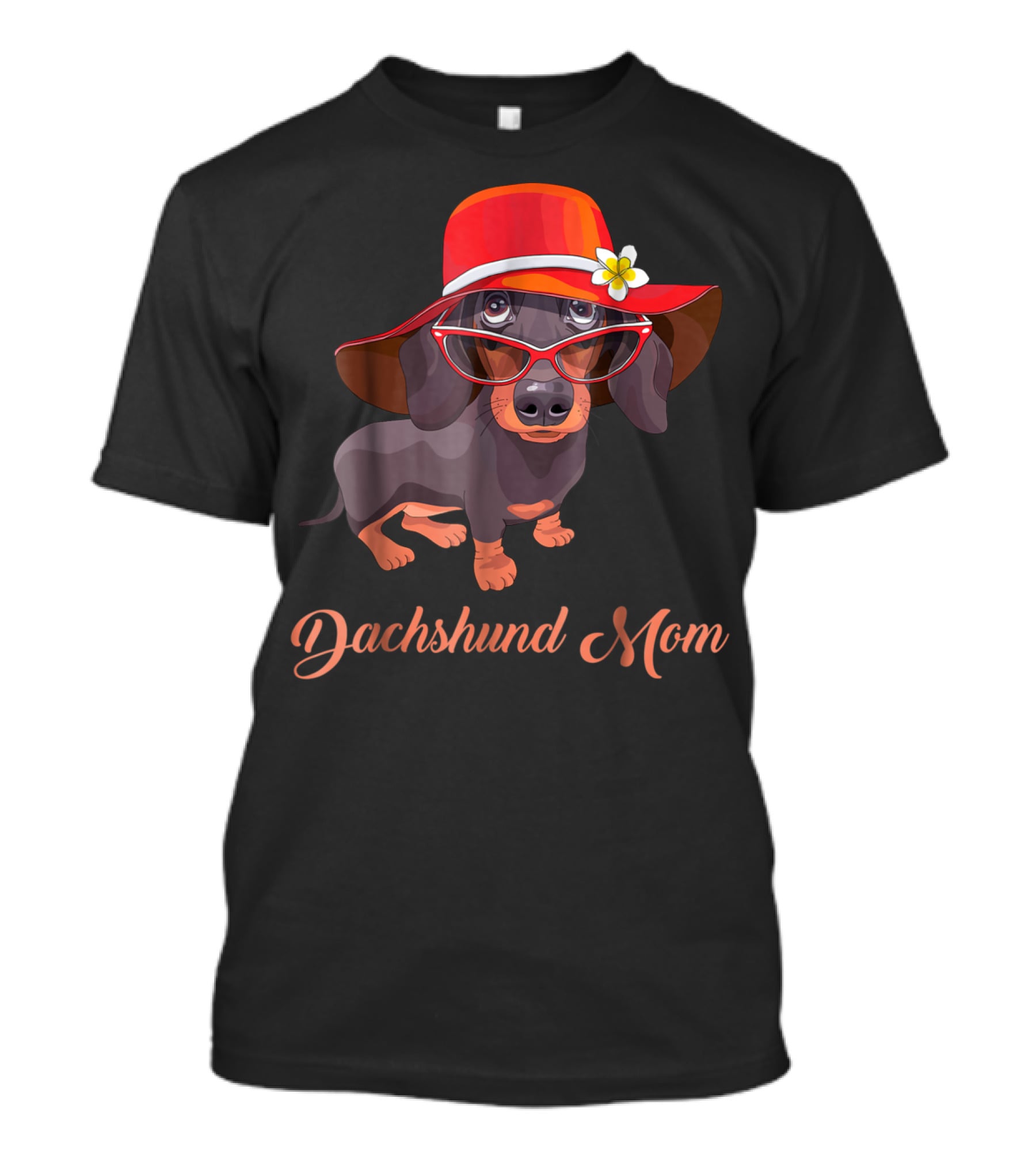 Dachshund Mom Mom Of Dachshund Dogs Pet Puppies With Red Hat And Glasses T-Shirt