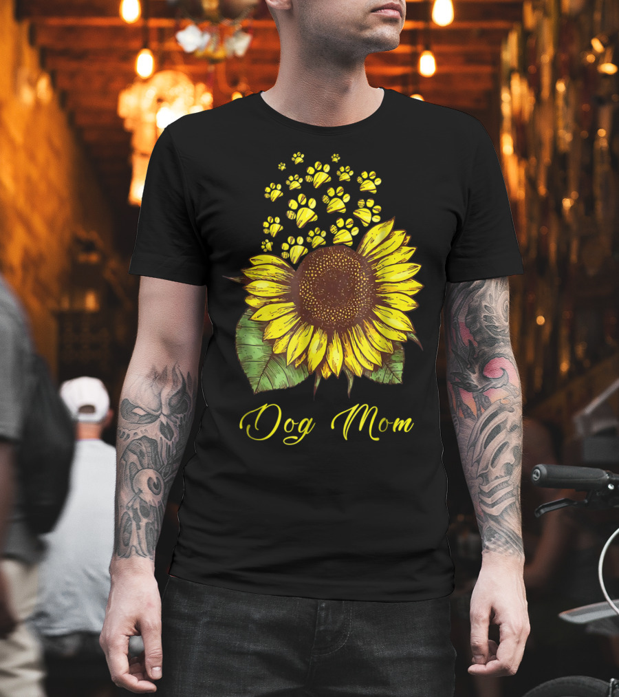 Dog Mom Sunflower with Paw Print Accents T-Shirt