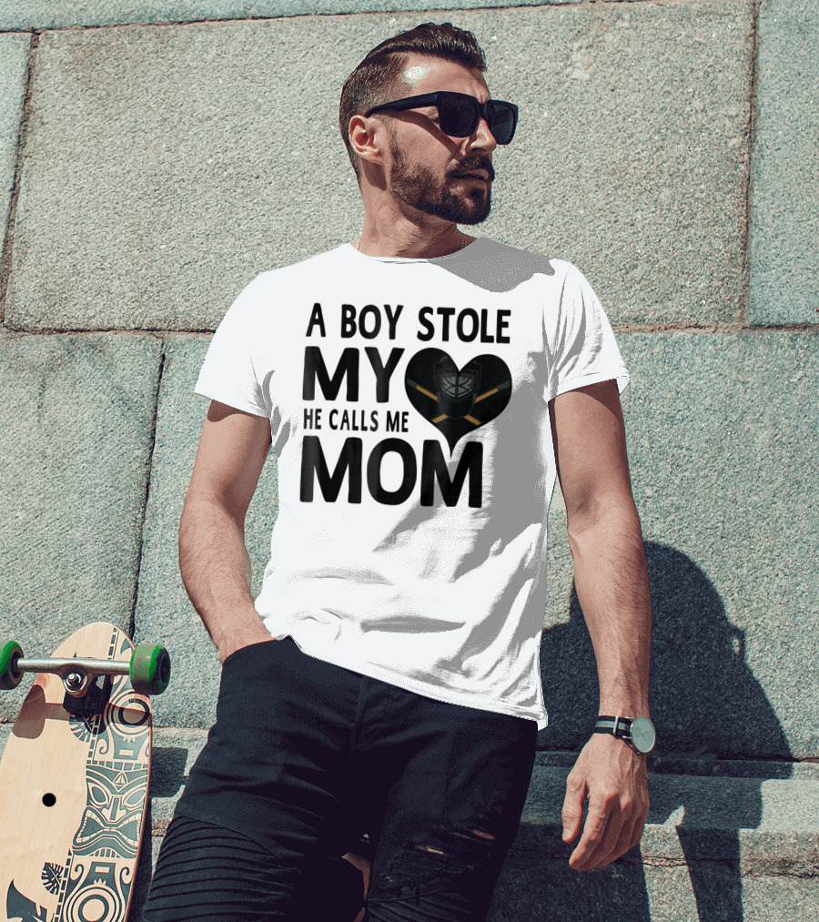 A Boy Stole My Heart He Calls Me Mom Hockey Heart Mask T-Shirt