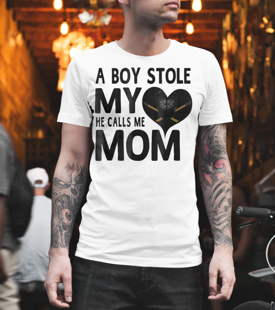 A Boy Stole My Heart He Calls Me Mom Hockey Heart Mask T-Shirt