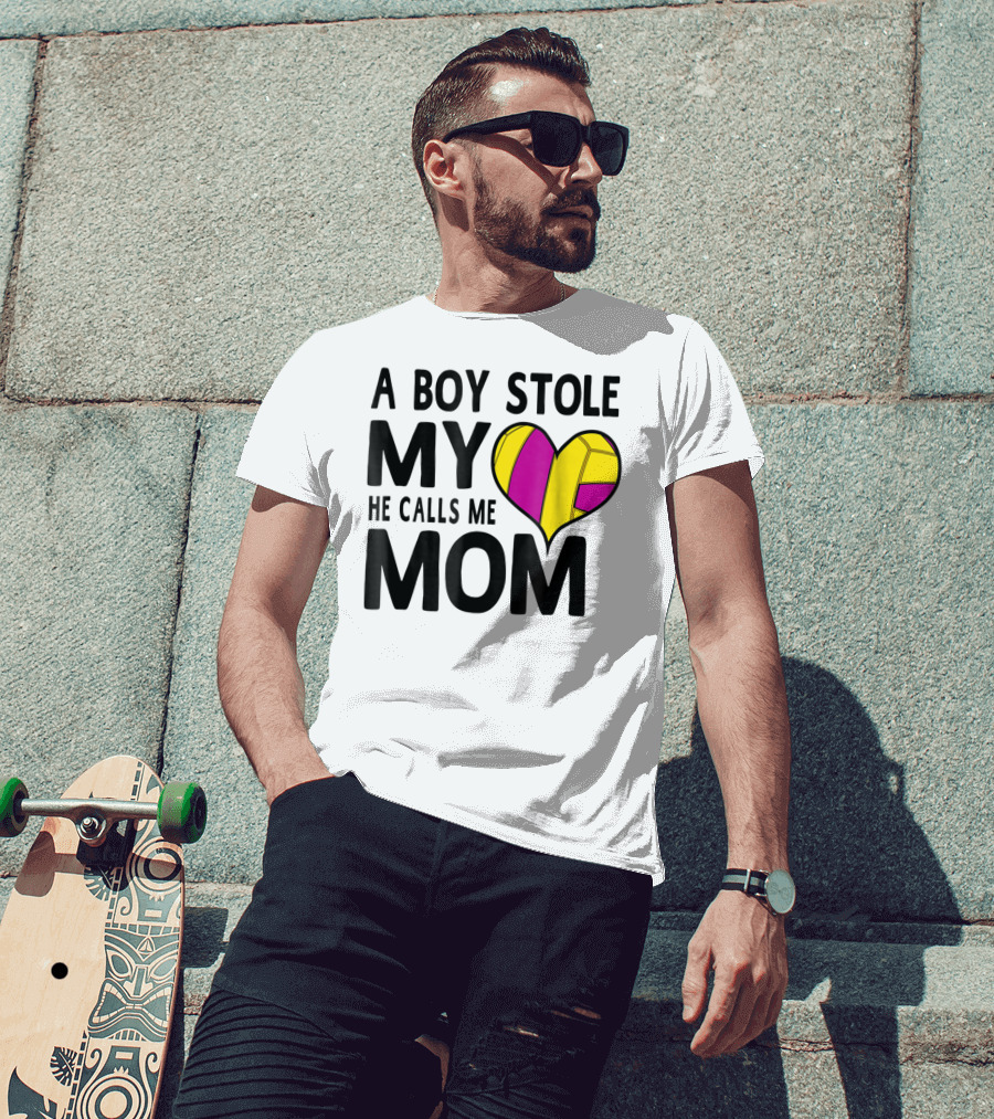 A Boy Stole My Heart He Calls Me Mom Volleyball Heart T-Shirt