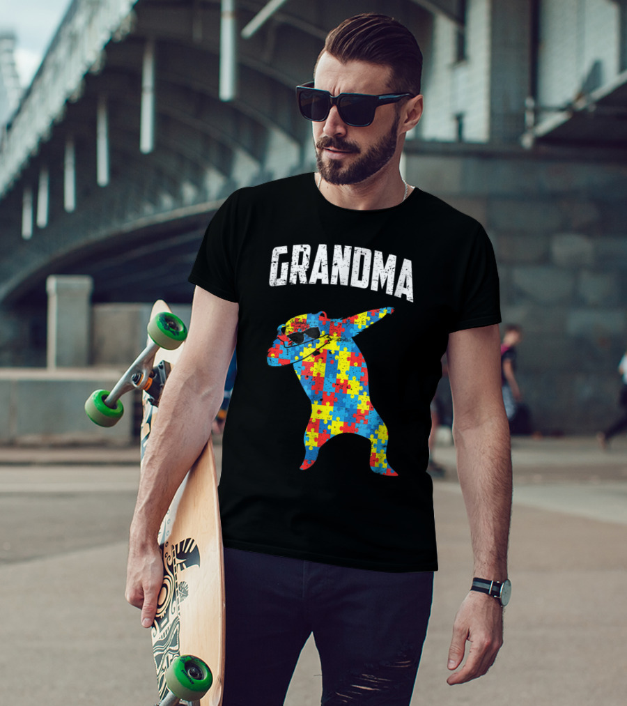 Dabbing Autism Puzzle Bear With Glasses Grandma T-Shirt