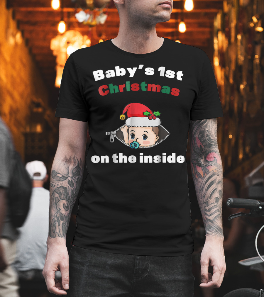Baby's 1st Christmas On The Inside Mom To Be Santa Hat Zipper T-Shirt