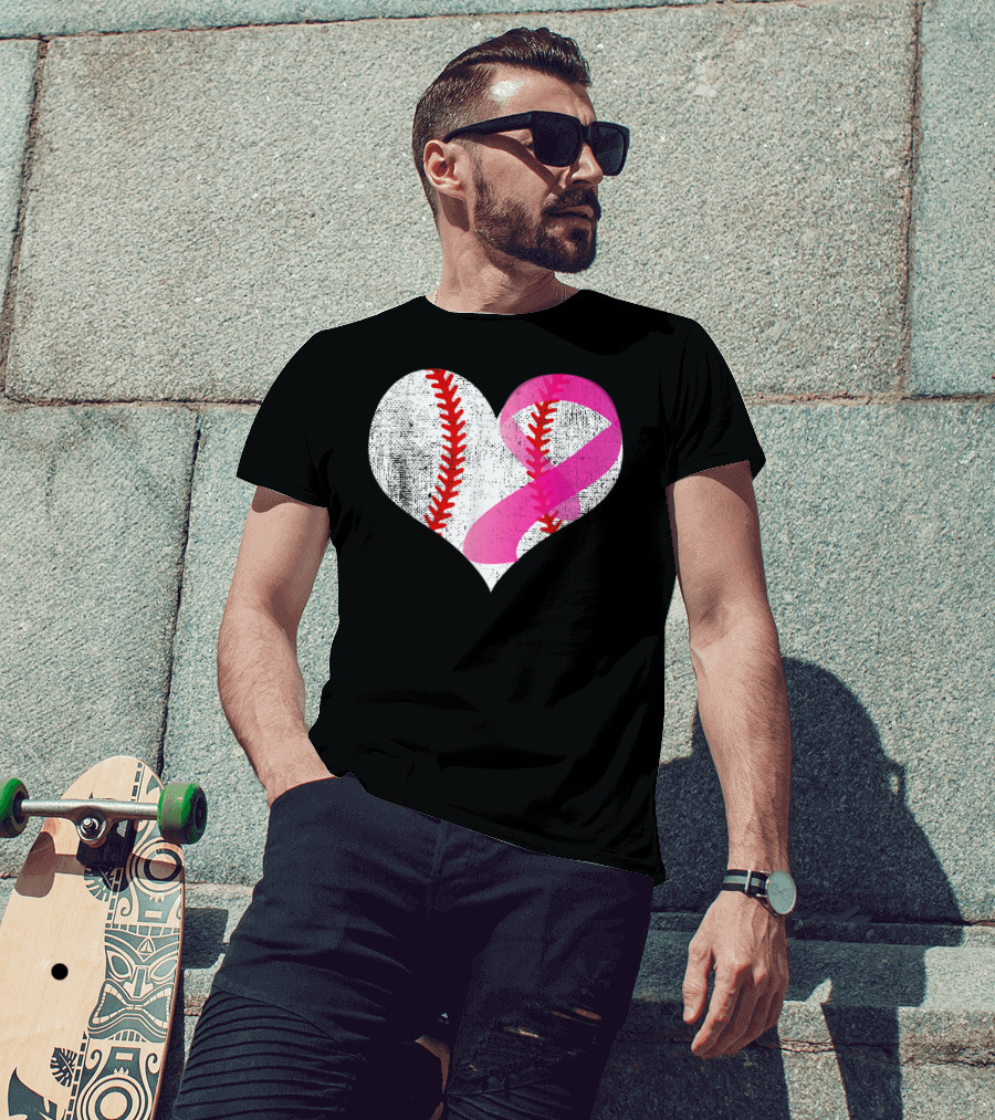 Baseball Heart Pink Ribbon Breast Cancer Awareness Mom81 T-Shirt