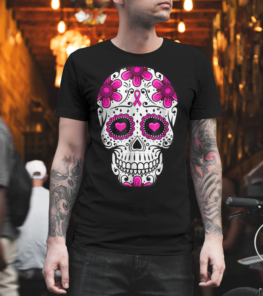 Breast Cancer Awareness Skull Pink Ribbon Mom Wife Floral T-Shirt