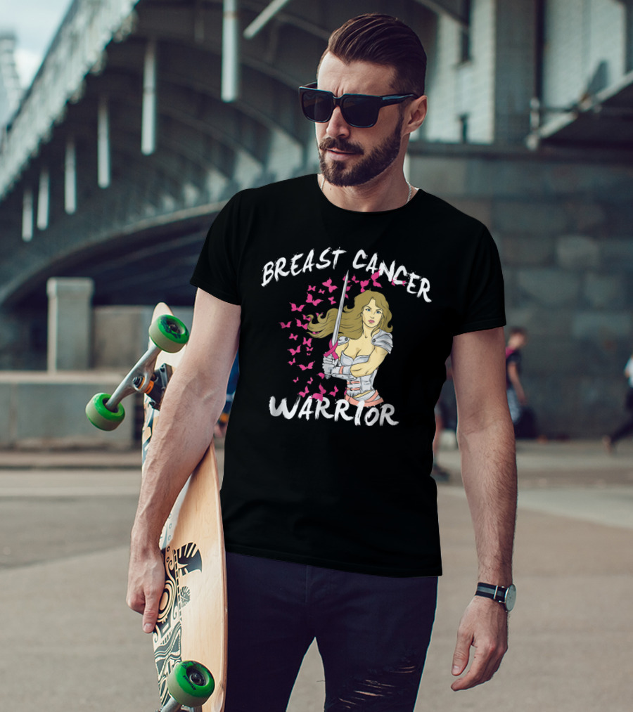 Breast Cancer Warrior Mom Knight With Ribbon Sword And Butterflies T-Shirt