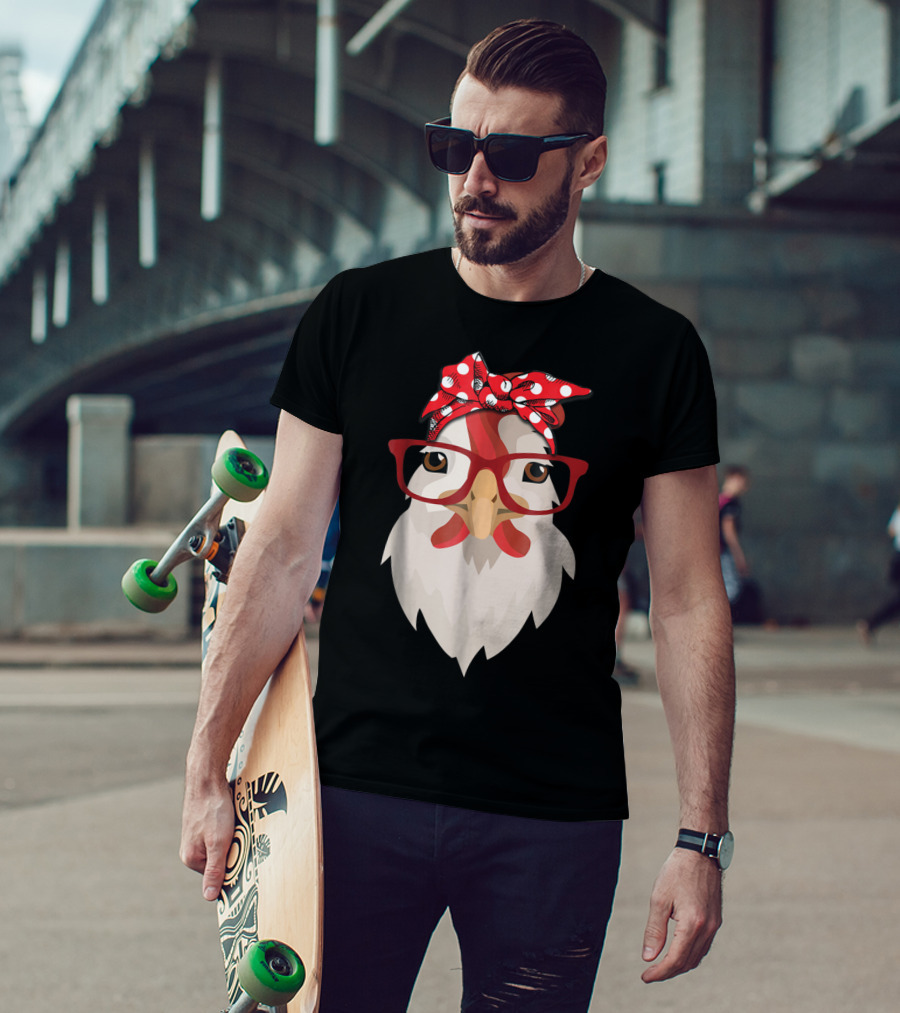 Chicken Mom Lady Farmer Thanksgiving Day Hen With Glasses And Polka Dot Bandana T-Shirt