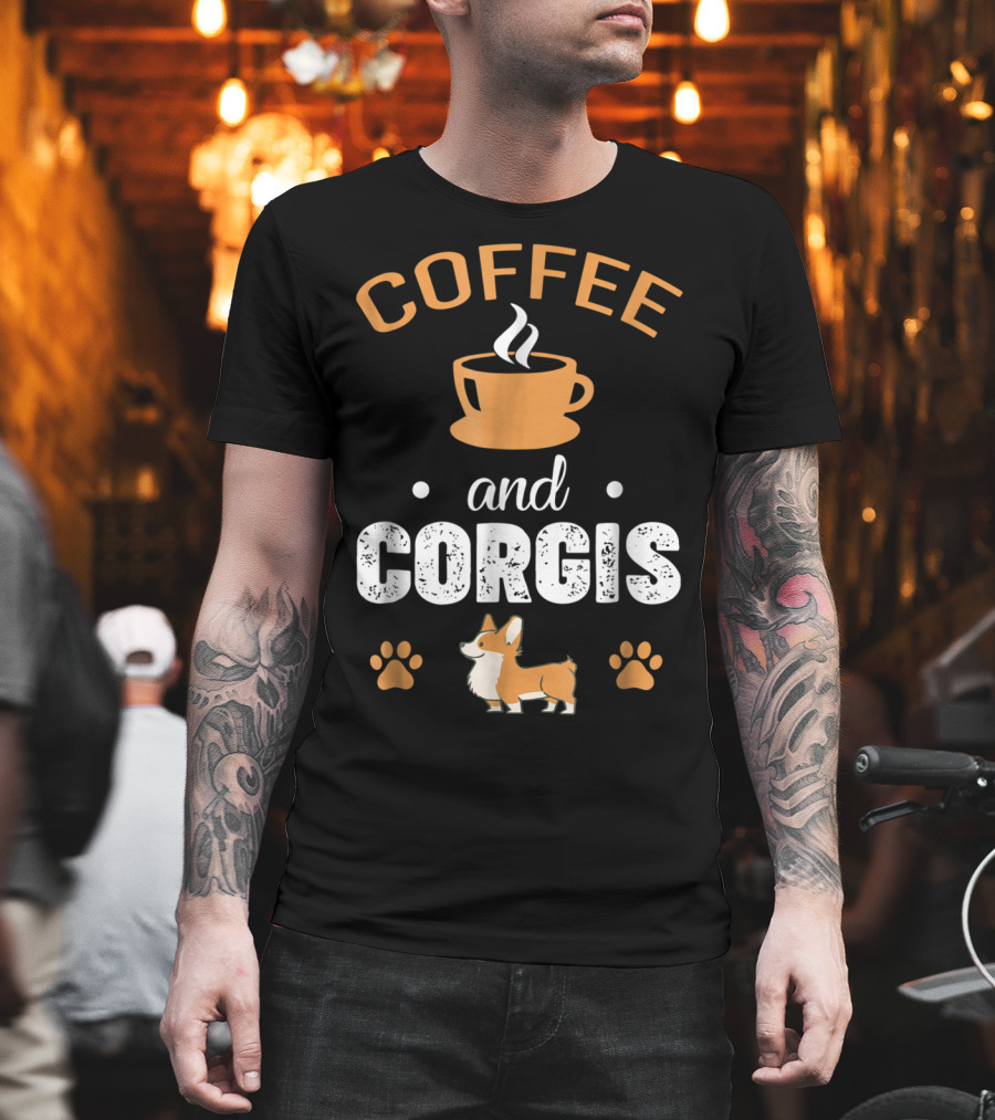 Coffee And Corgis Cute Welsh Corgi With Paw Prints And Coffee Cup T-Shirt