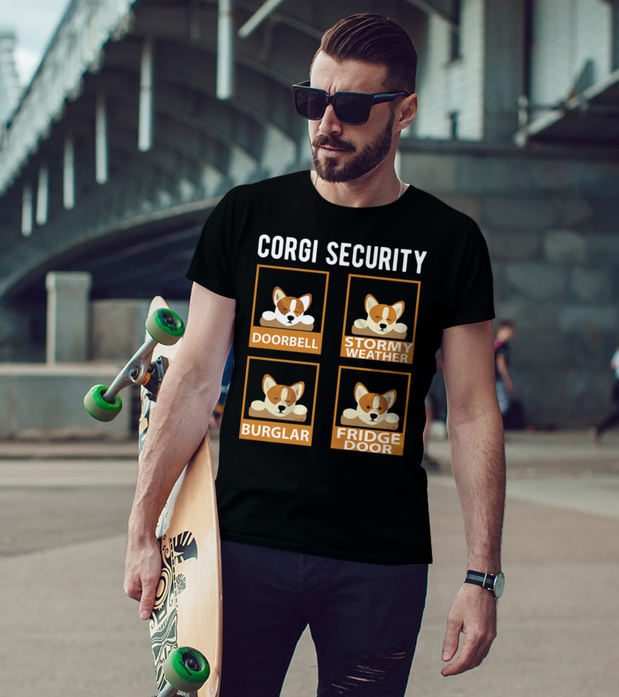 Corgi Security Doorbell Stormy Weather Burglar Fridge Door Pembroke Welsh Dog Mom Funny T-Shirt