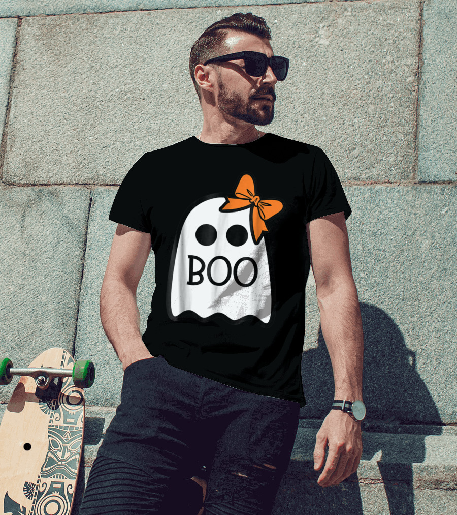 Cute Ghost Boo With Orange Bow For Halloween T-Shirt