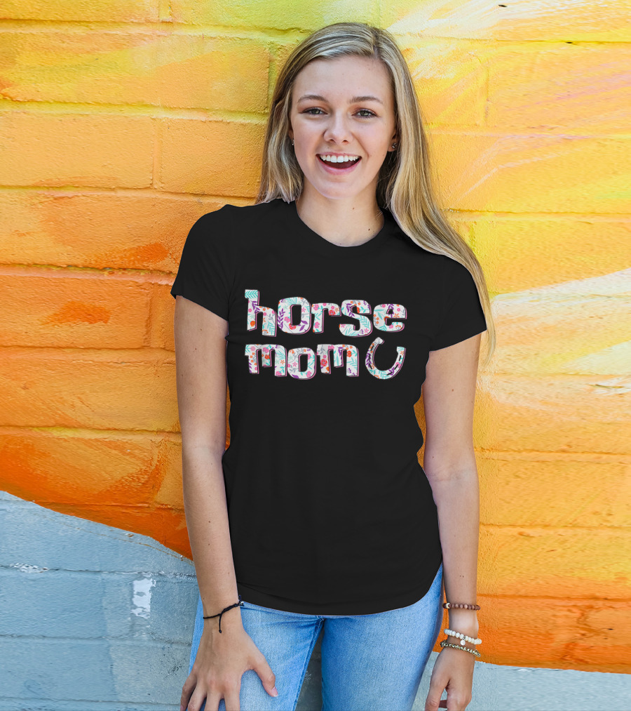 Horse Mom Floral Pattern Cute Horses Racing Riding T-Shirt