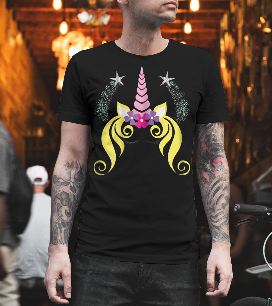Floral Unicorn Face With Sparkling Stars Birthday T-Shirt