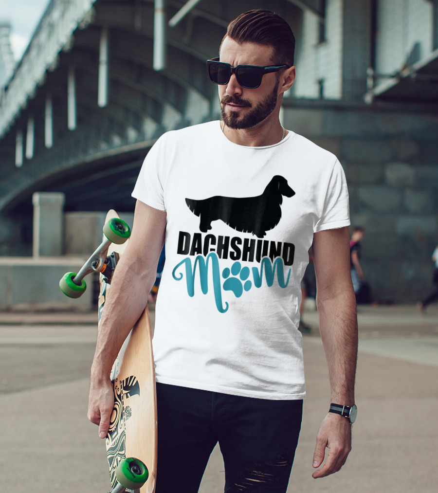 Dachshund Mom Longhair Silhouette With Blue Pawprint Accent T-Shirt