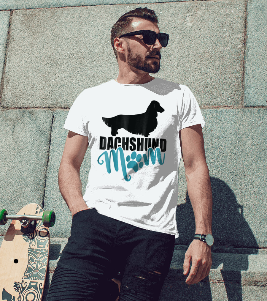 Dachshund Mom Longhair Silhouette With Blue Pawprint Accent T-Shirt