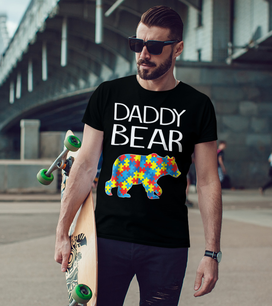 Daddy Bear Autism Puzzle Pattern Child Dad T-Shirt