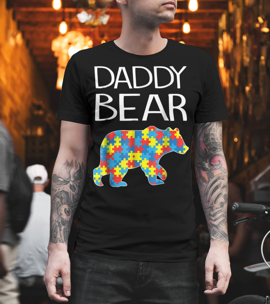 Daddy Bear Autism Puzzle Pattern Child Dad T-Shirt