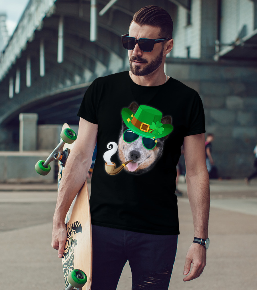 Australian Cattle Dog Leprechaun With Pipe And Shamrock Hat T-Shirt