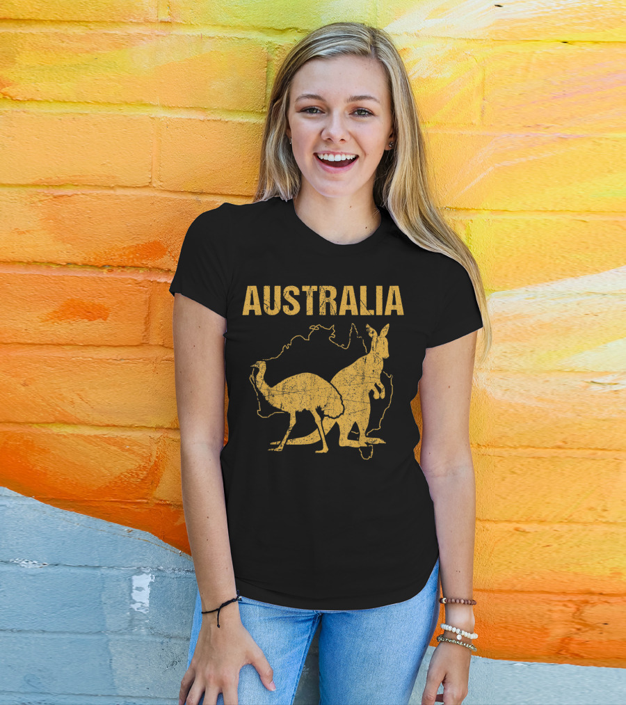 Australia Kangaroo And Emu Silhouette Map T-Shirt