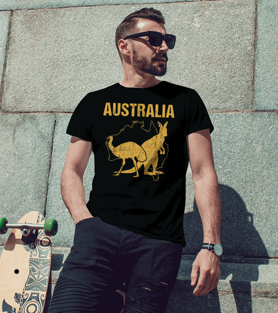 Australia Kangaroo And Emu Silhouette Map T-Shirt